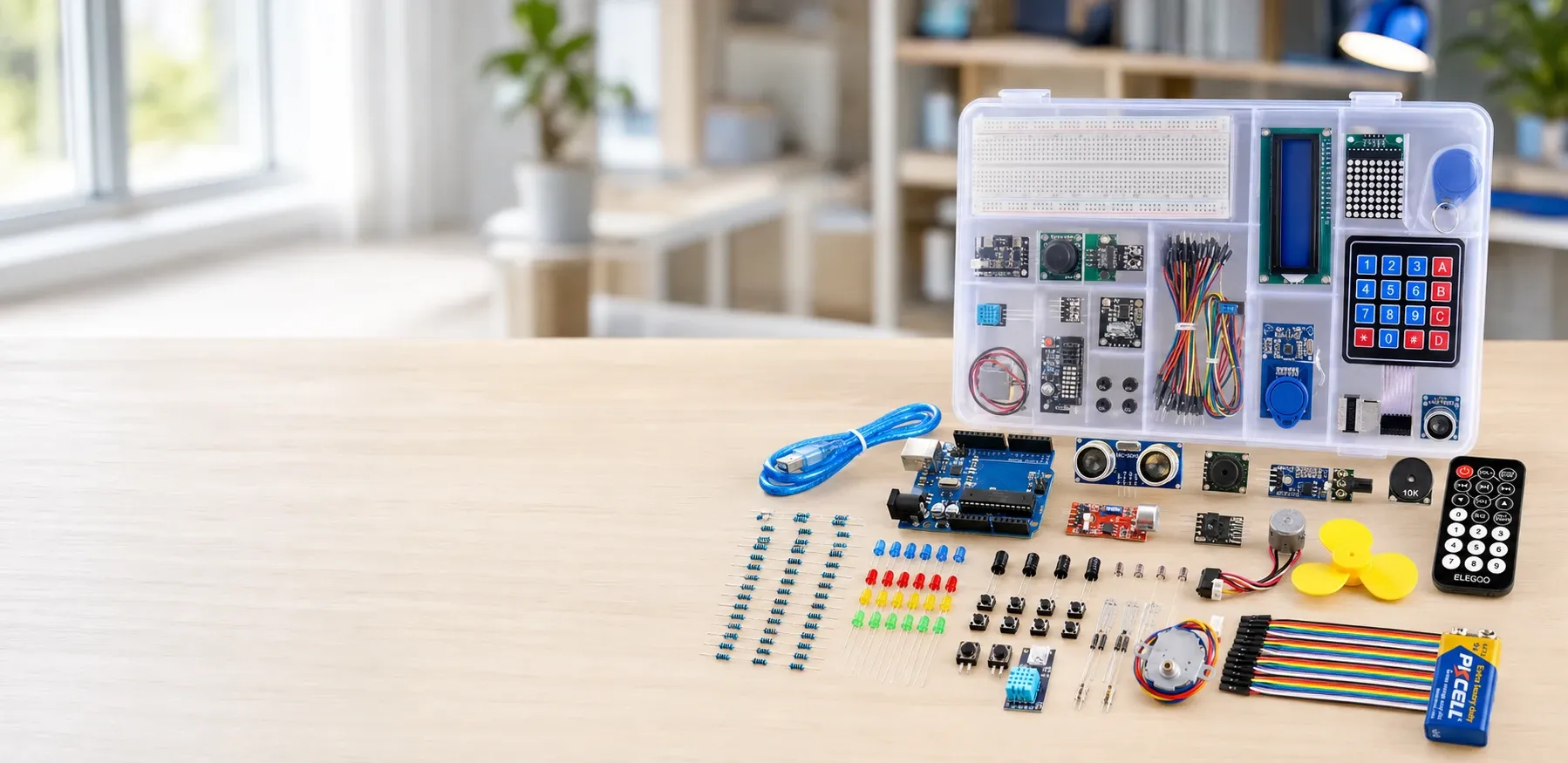 Flat-lay image of a complete electronics and coding starter kit featuring an UNO R3 board, various sensors, LEDs, resistors, jumper wires, a remote control, a breadboard, and other components neatly arranged on a light wooden tabletop with a blurred home-study background.